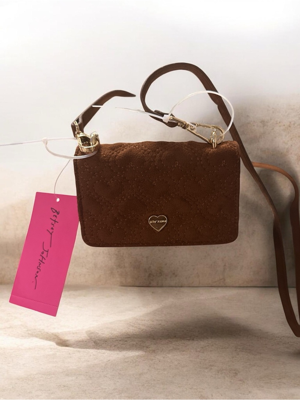 Betsey Johnson Brown  faux suede mini Quilted Heart Crossbody Bag
